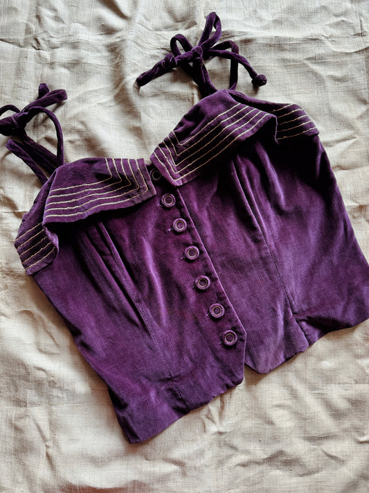 1950s Royal Purple Velveteen Bustier w/ Gold Trim- S