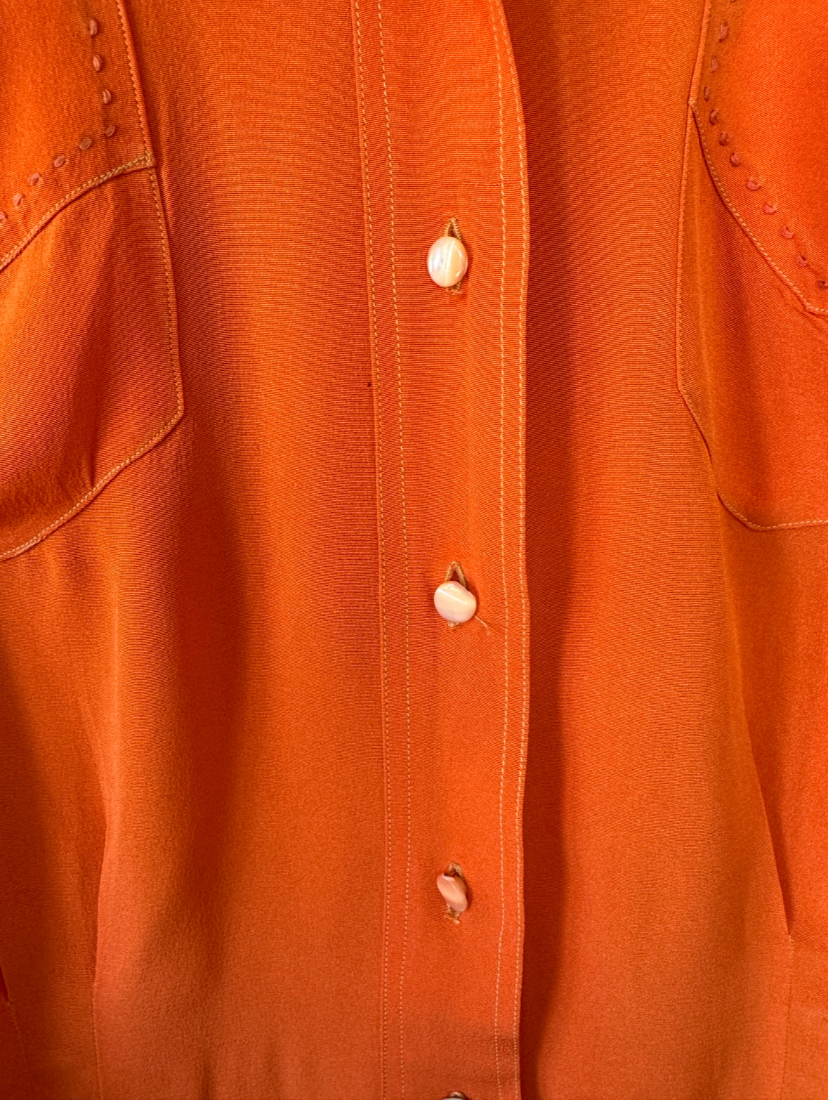 1940s Orange Sorbet Silk Crepe Blouse w/ Monochrome Stitching- S/M