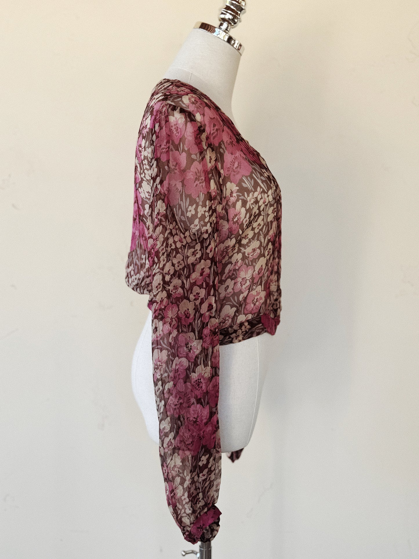 1930s I. Magnin Plum Purple Floral Silk Chiffon Cropped Blouse- S/M-M