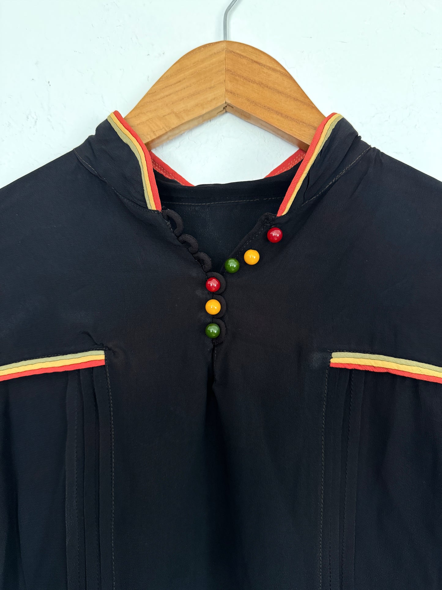 1930s Bakelite Button Silk Crepe Blouse w/ Corded Trim- S/M