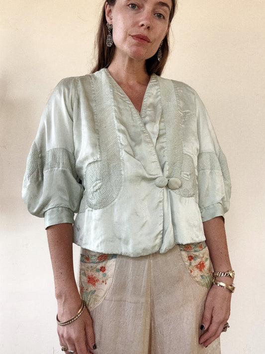 1920s Sea Foam Charmeuse Silk Jacket- S-M