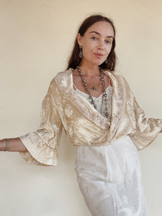 1930s Ivory Crushed Velvet + Lace Cropped Jacket- M