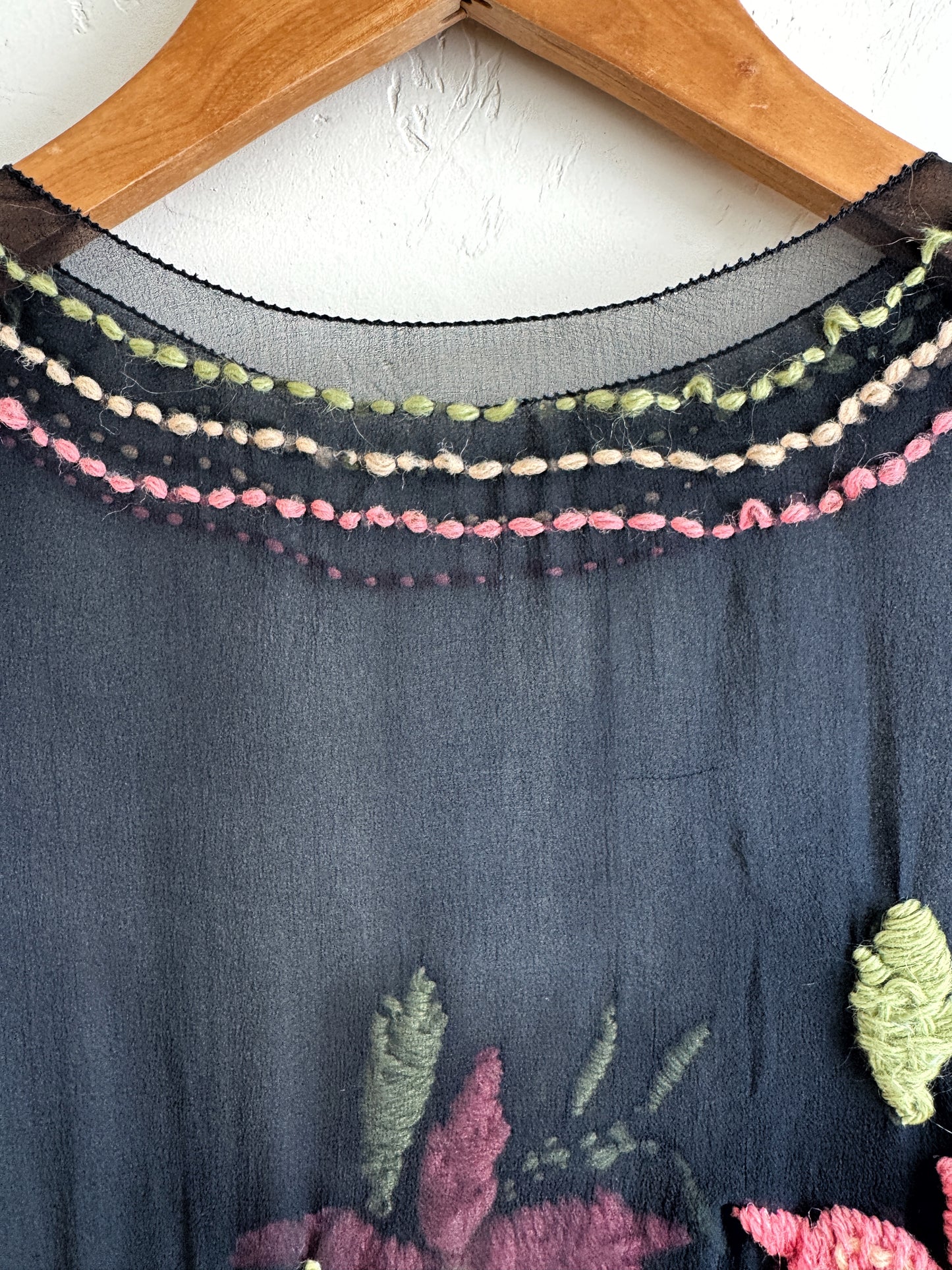 1920s Black Chiffon Top W/ Floral Embroidery- S