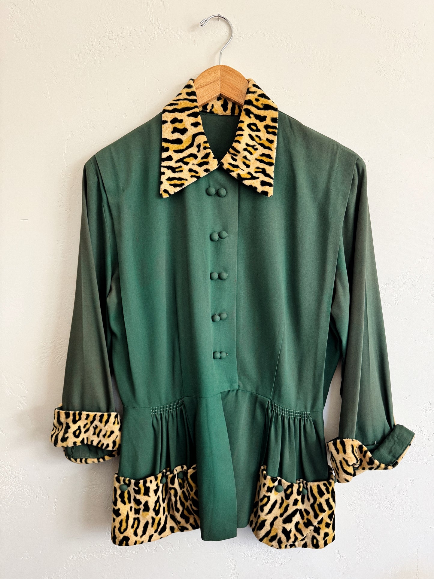 1940s Emerald Rayon + Leopard Jacket w/ Peplum- M