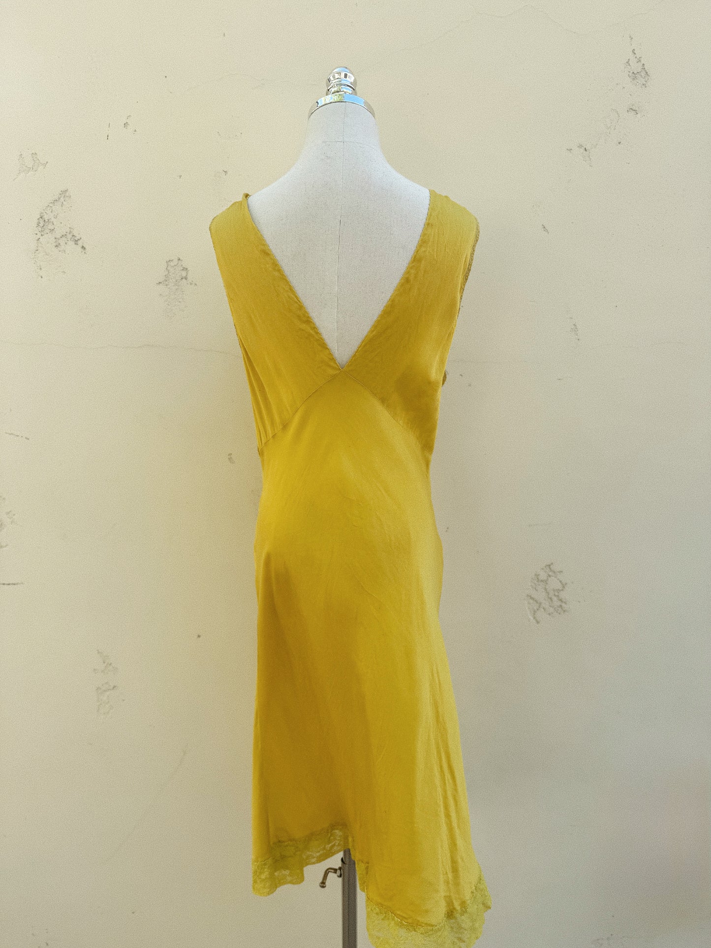 1930s Electric Mustard Silk Slip Dress w/ Floral Lace Inserts- M