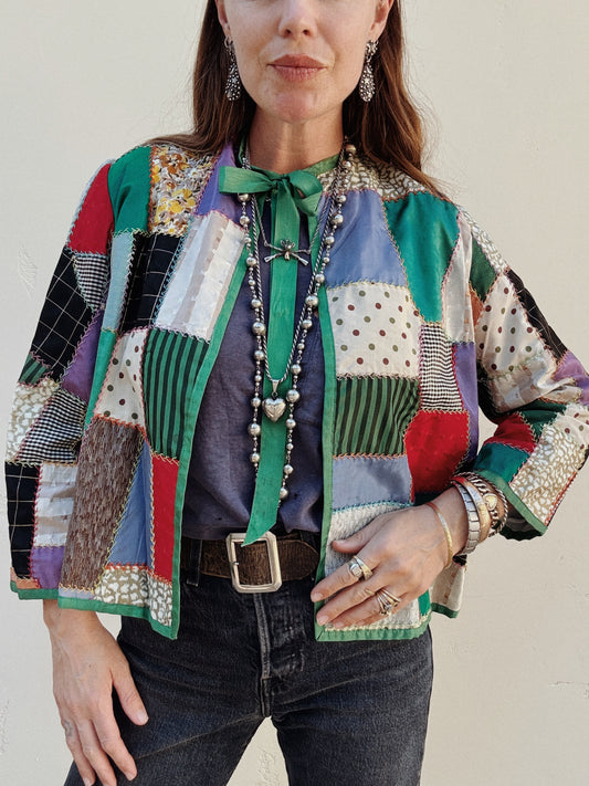 1950s/60s Green Crazy Quilt Taffeta Jacket- S/M