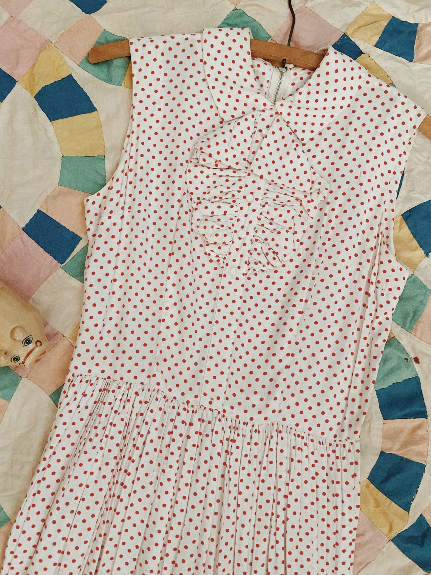 1940s/50s Cold Rayon White + Red Polka Dot Day Dress- S