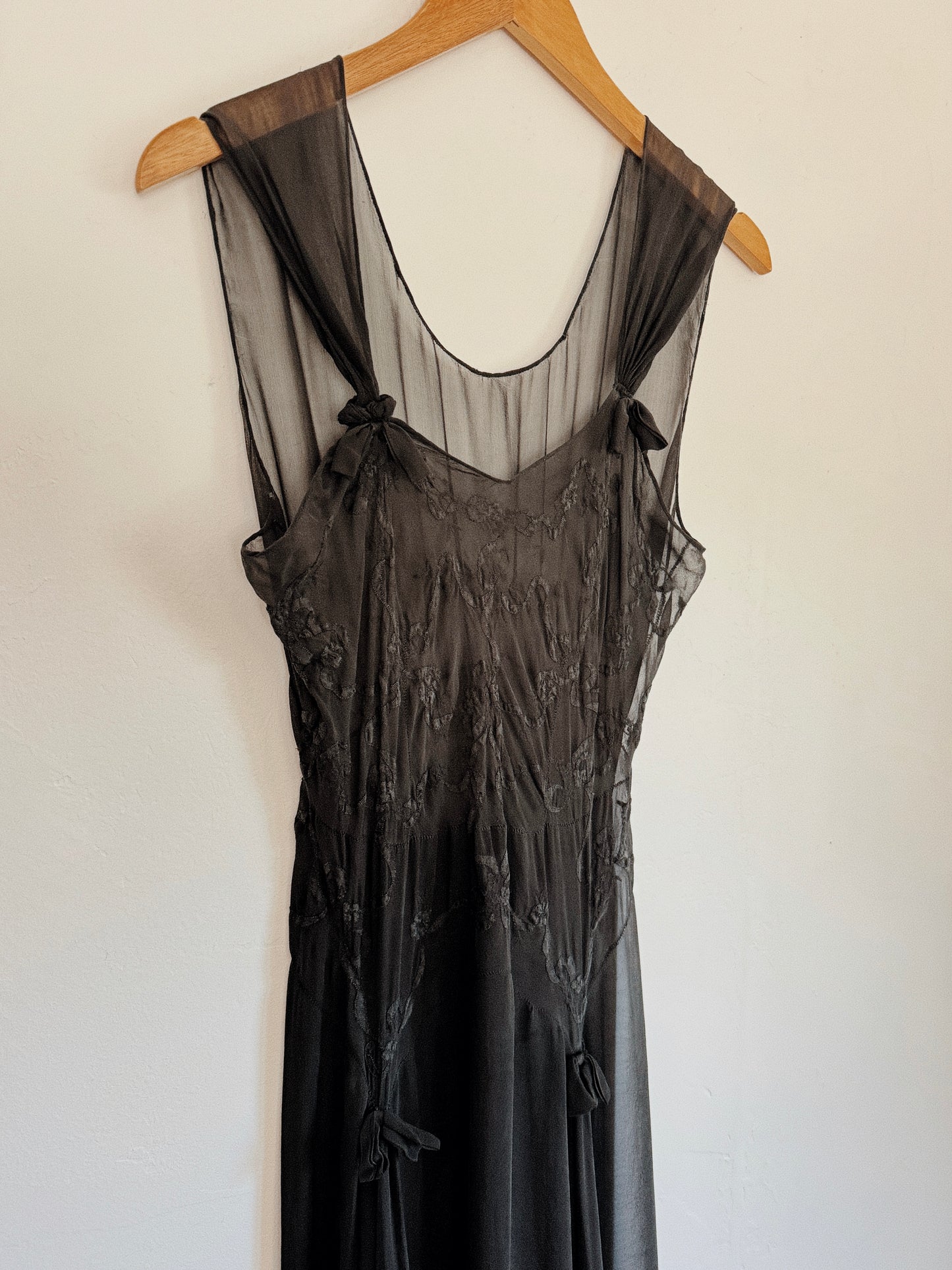 1930s Black Silk Chiffon Slip Dress w/ Floral Appliqué- S/M-M