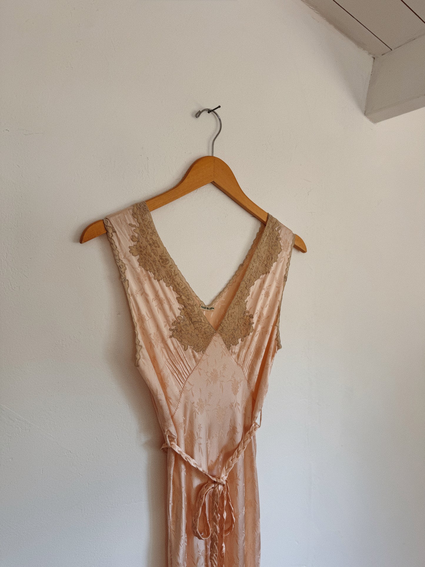 1930s Silk Floral Jacquard + Lace Slip Dress w/ Braided Sash- S-S/M