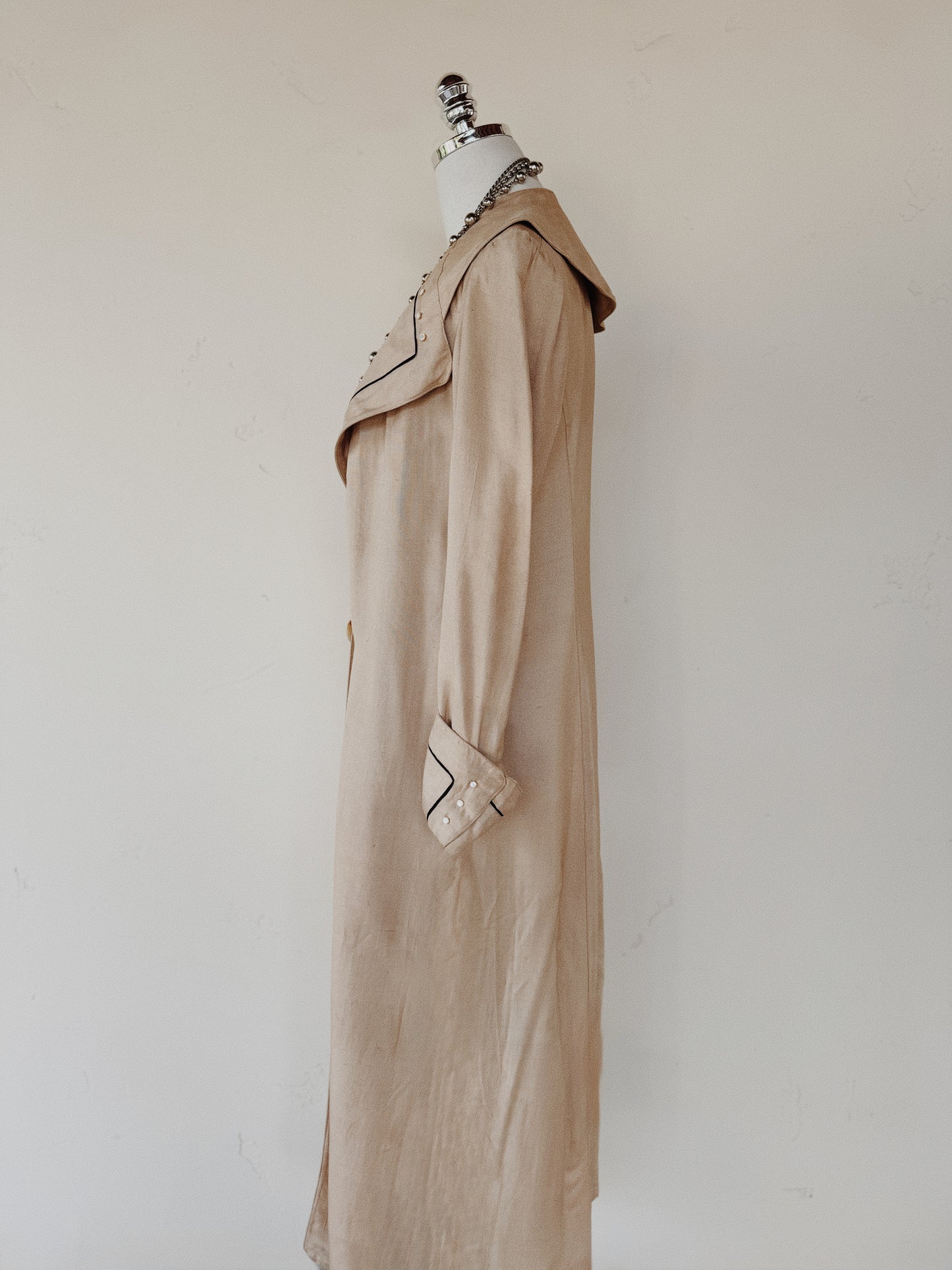 1910s Edwardian Silk Moto Duster w/ Black Cord Trim + Mother of Pearl Buttons- S/M