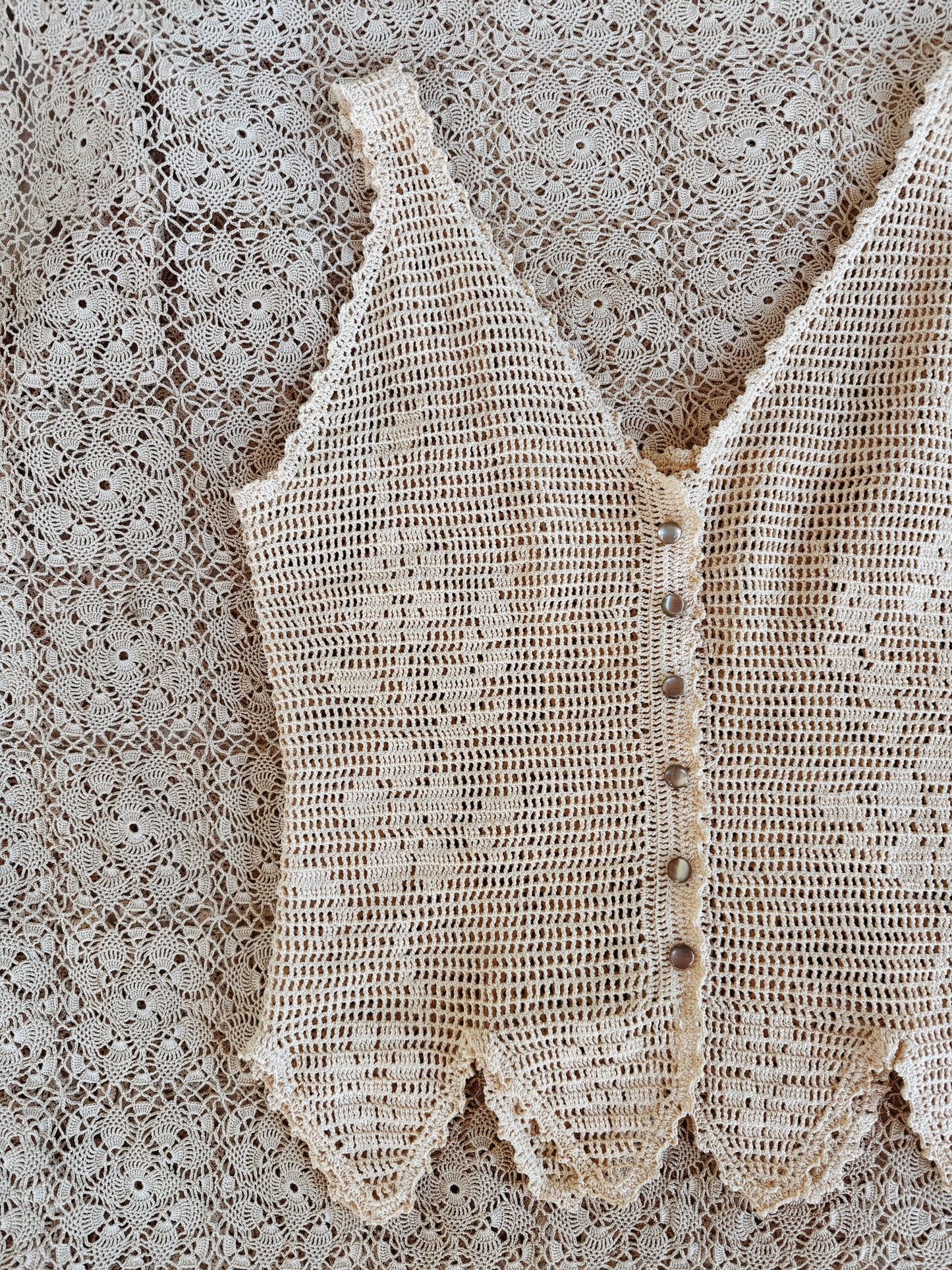 1960s Cotton Crocheted Top w/ Handkerchief Hem- S/M