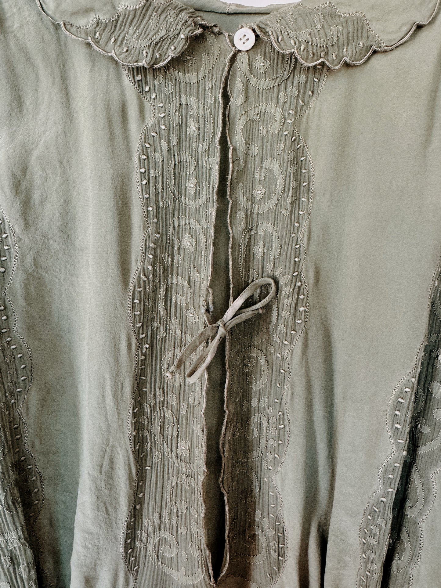 1930s Juniper Green Embroidered Silk Gown w/ Crinkle Chiffon Inserts- S-S/M