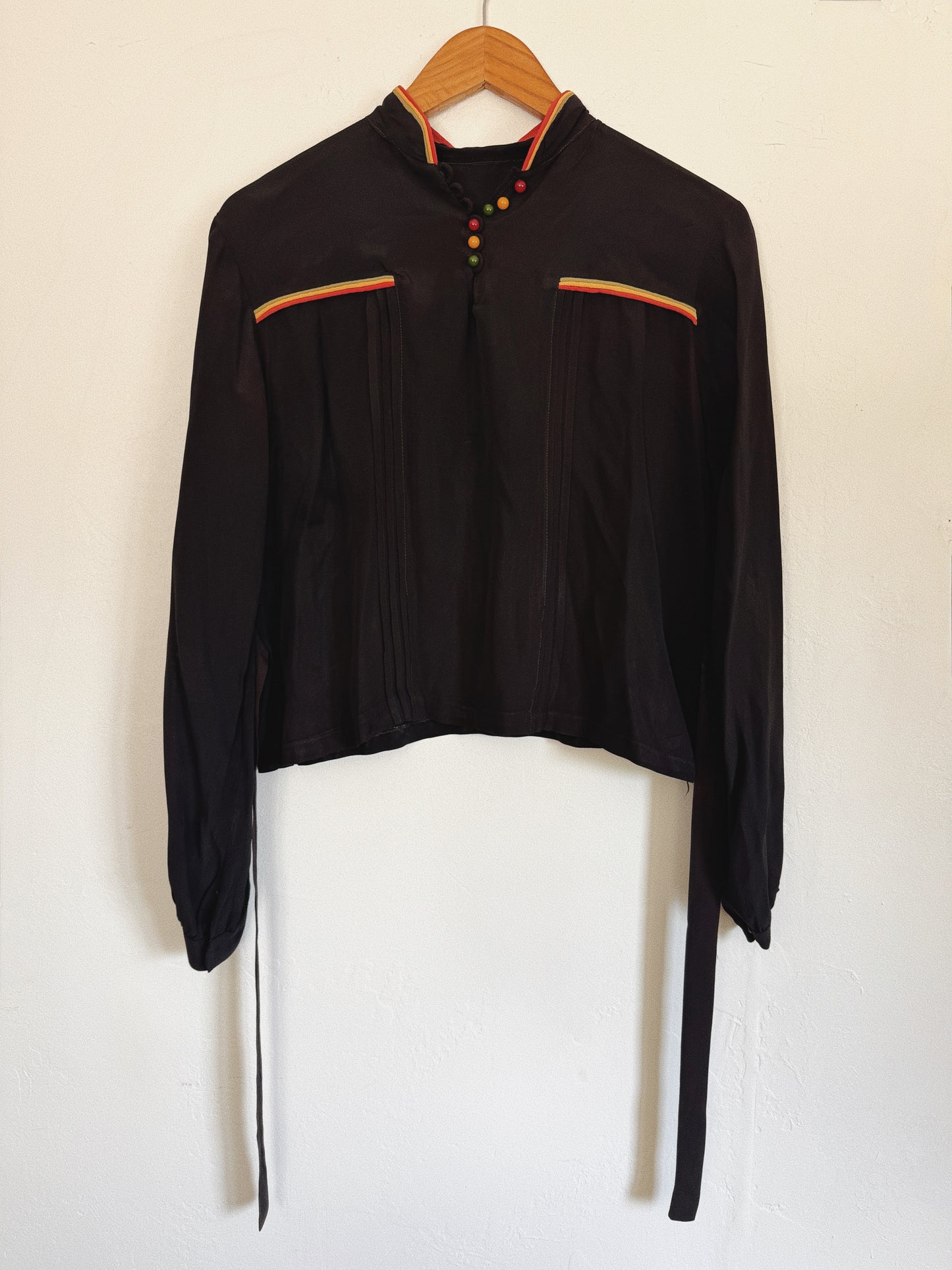 1930s Bakelite Button Silk Crepe Blouse w/ Corded Trim- S/M
