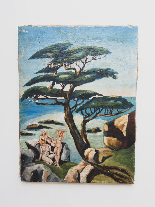 1940s Cubist “Sirens on the Sea” Nude Oil Painting- 20 x 27”