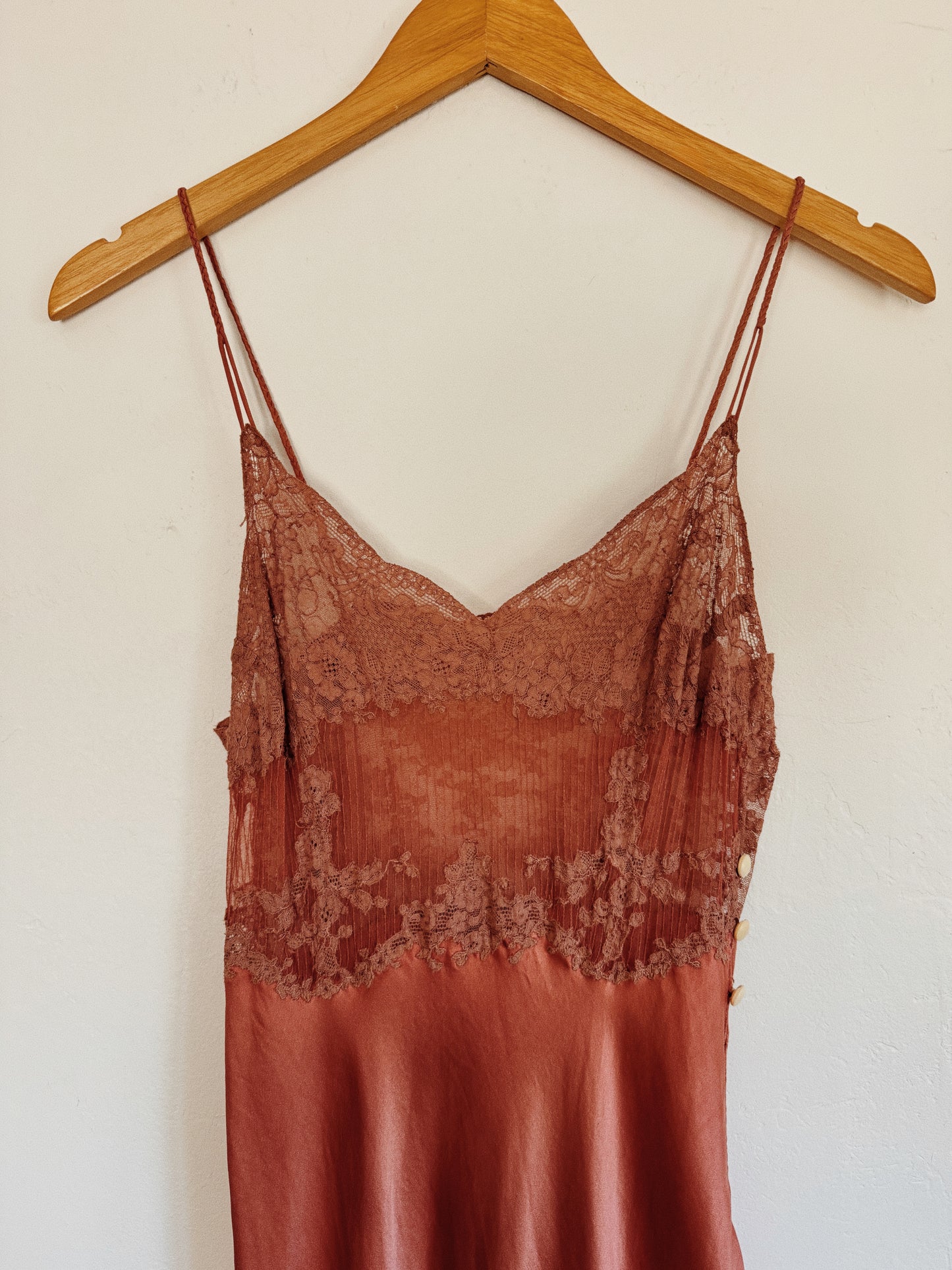 1930s Brown Silk + Lace Slip Dress w/ Braided Straps- XS/S
