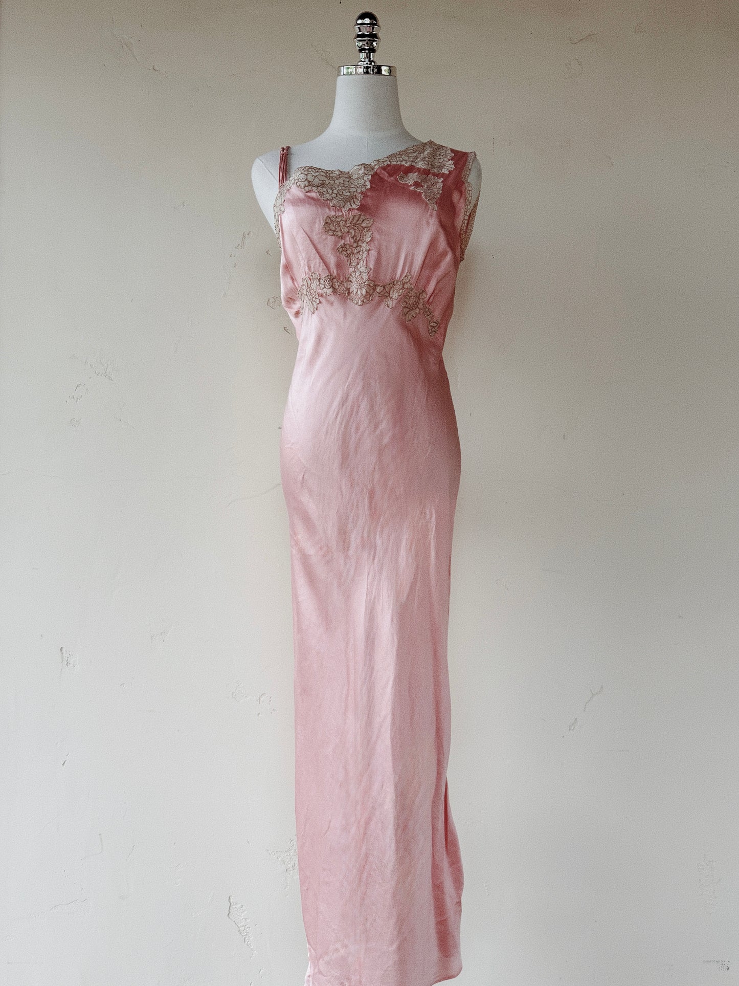 1930s/40s Pink Silk Asymmetrical Slip Dress w/ Lace- S-S/M