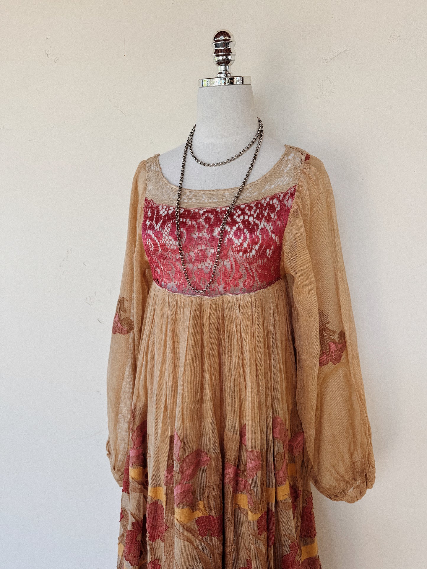 1970s Rare Catherine Buckley Lace + Iris Net Peasant Dress- XS-S