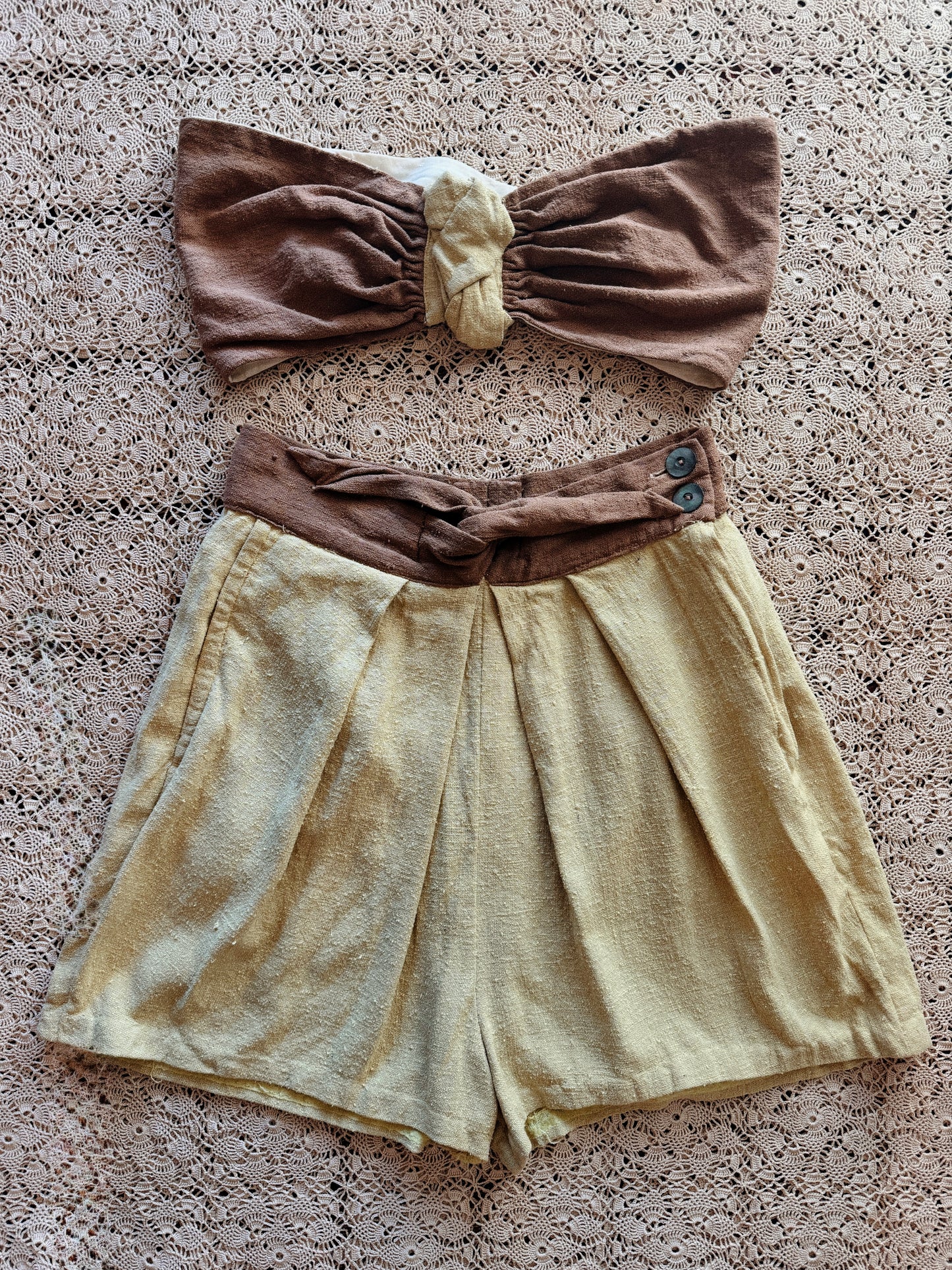 1940s/50s Chocolate + Pistachio Slub Linen Play Set- S-S/M