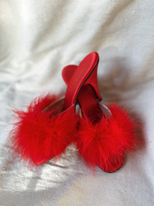 1950s Fire Red Marabou Feather Boudoir Satin Heels- 8