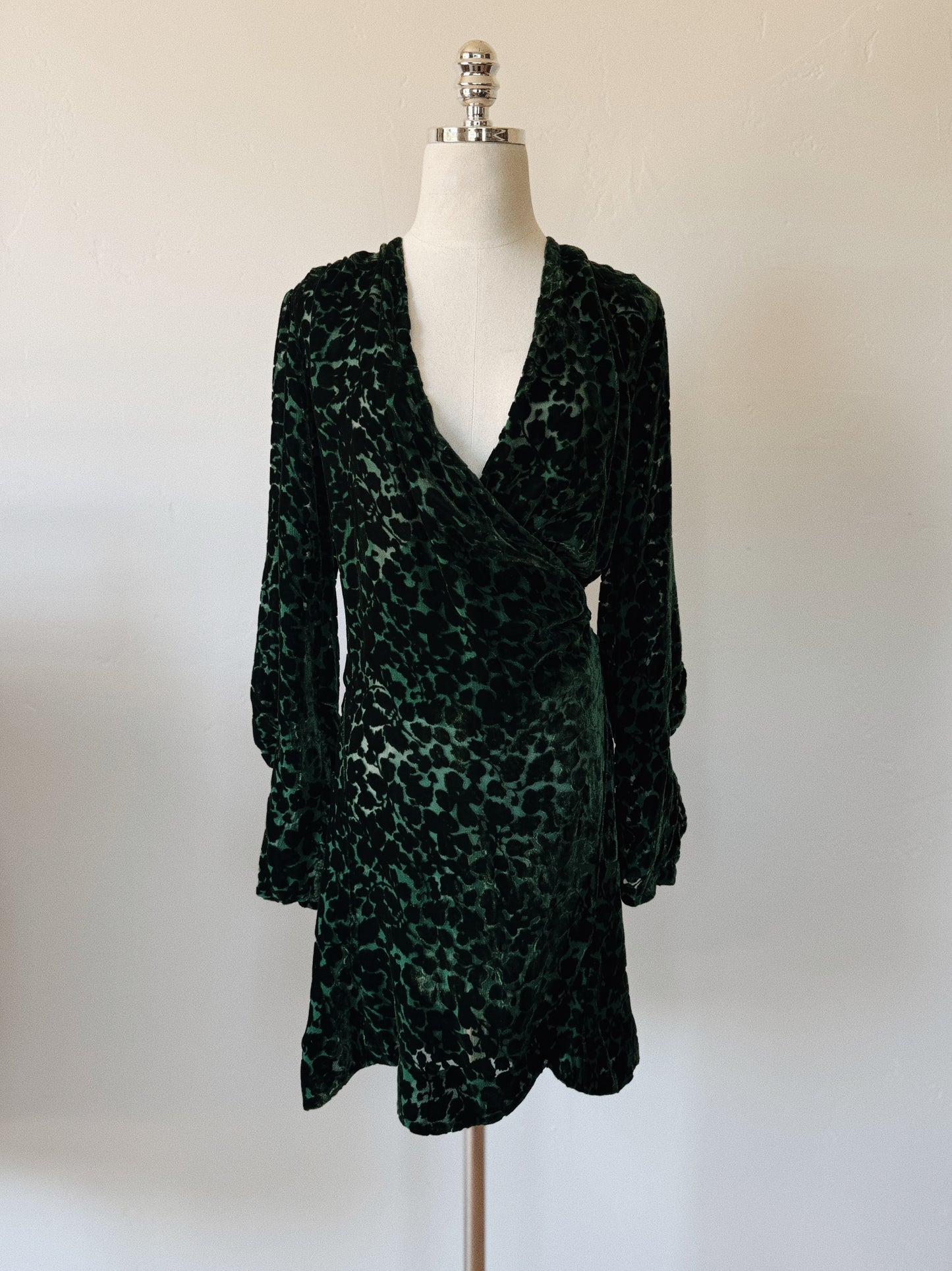 1920s/30s Emerald Devoré Silk Velvet Wrap Top Mini Dress- S/M-M