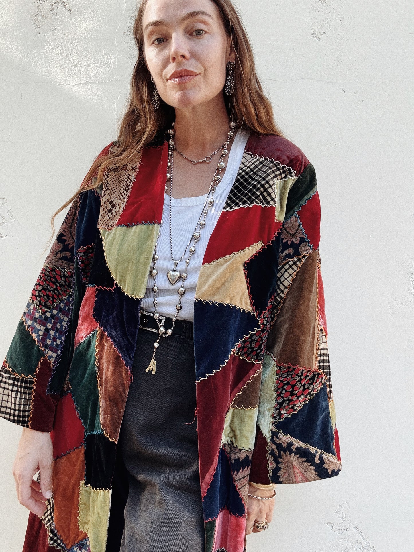 1930s/40s Velvet Crazy Quilt Patched Duster Coat