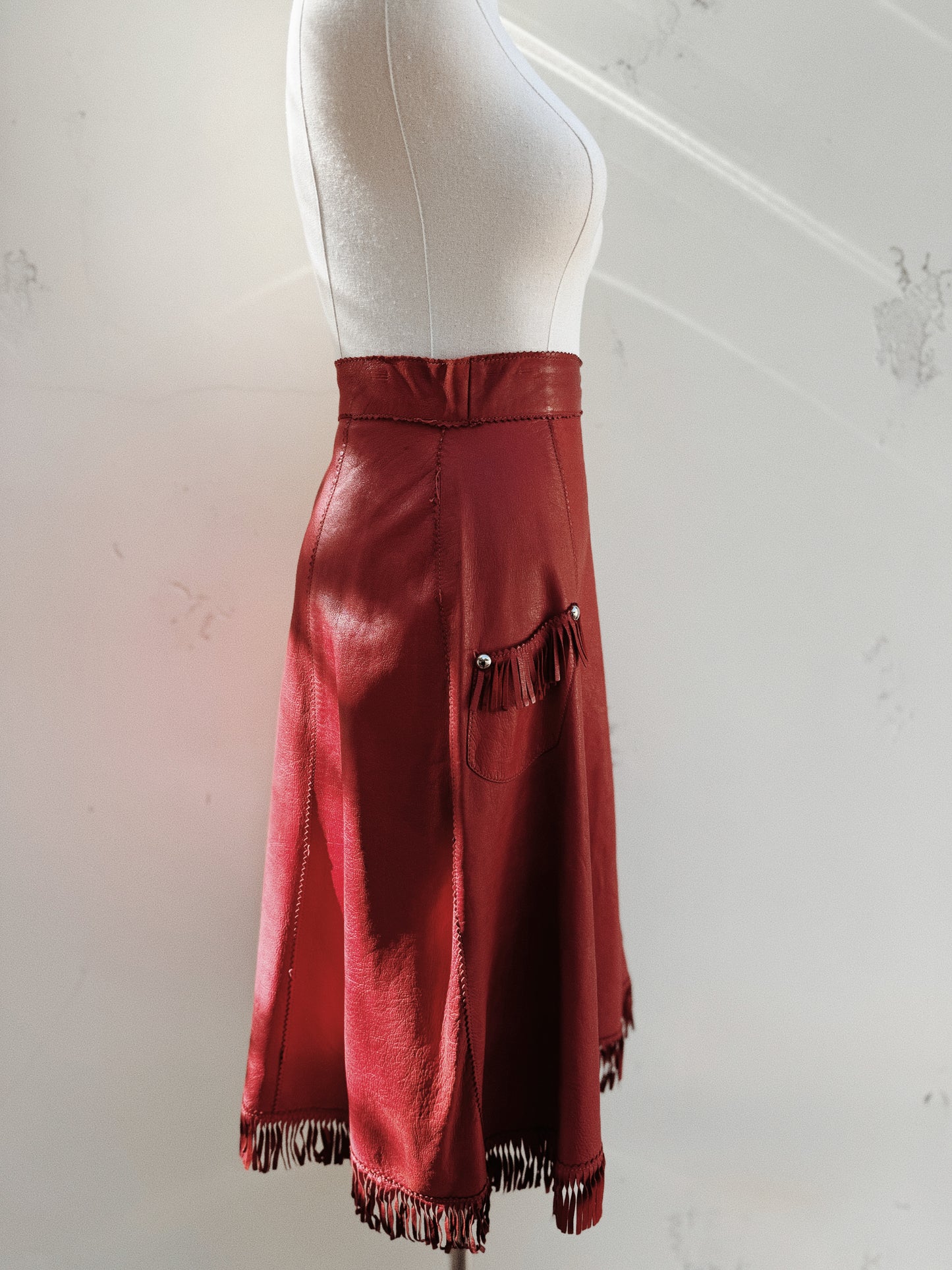 1930s/40s Western Oxblood Red Leather Fringe Cowgirl Skirt- S