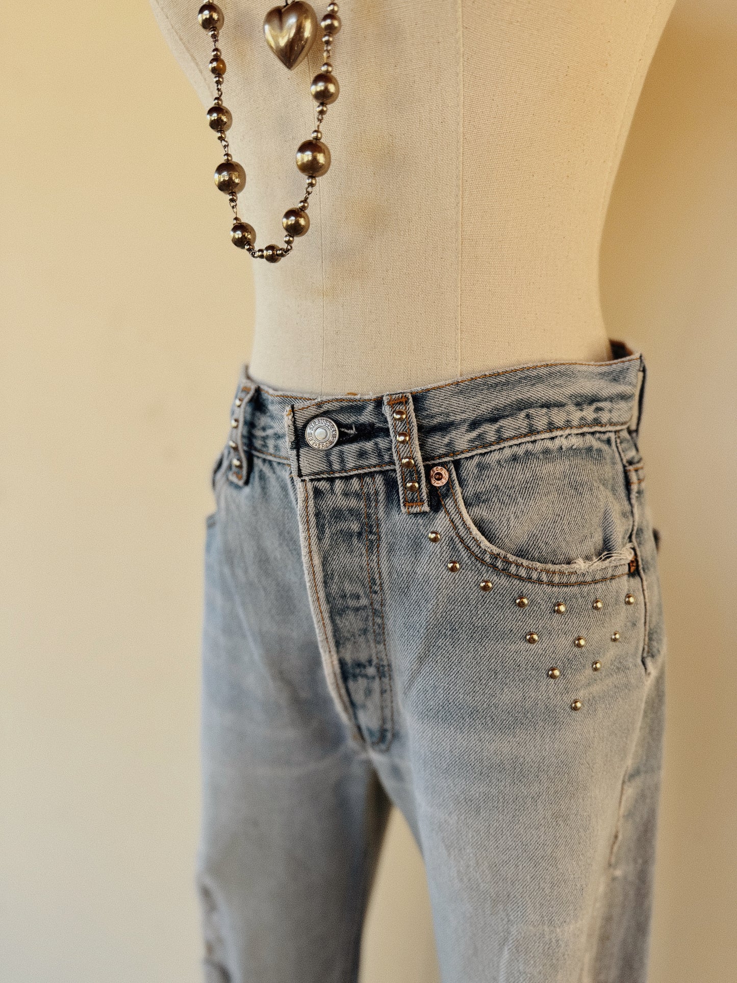 1990s Distressed + Custom Studded Levi’s 501s- S-S/M