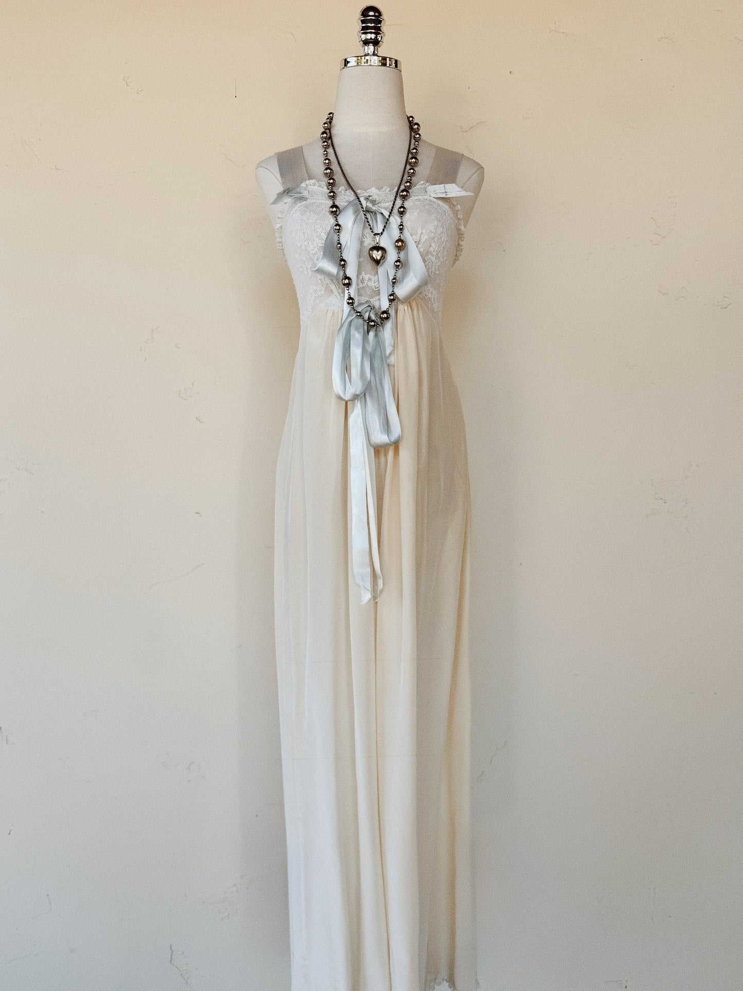 1940s Ivory Silk + Lace Slip Dress w/ Pale Blue Satin Ribbon- XS-S
