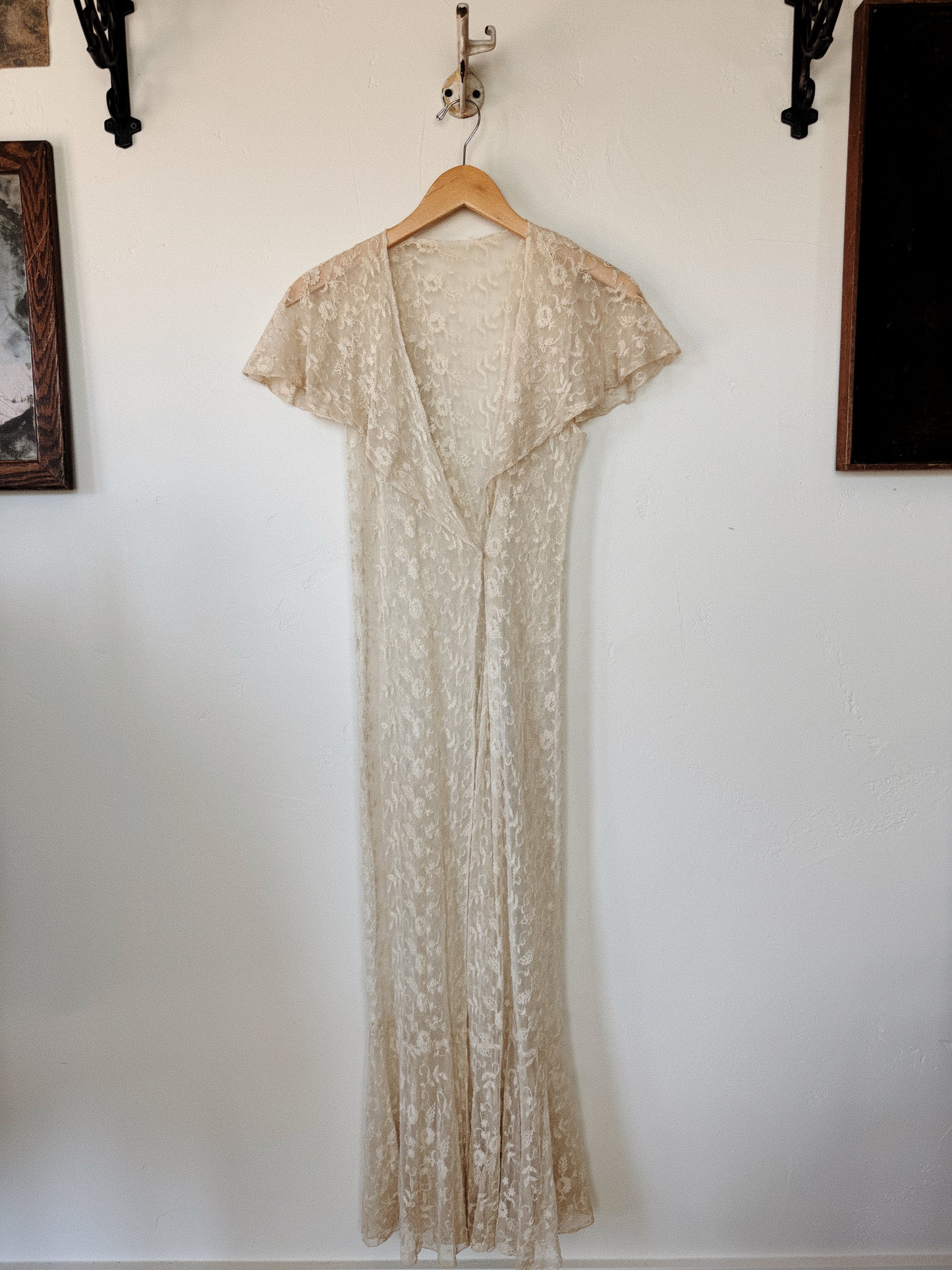 1930s French Lace Caplet Boudoir Duster Dress w/ Fishtail Hem- XS-S/M