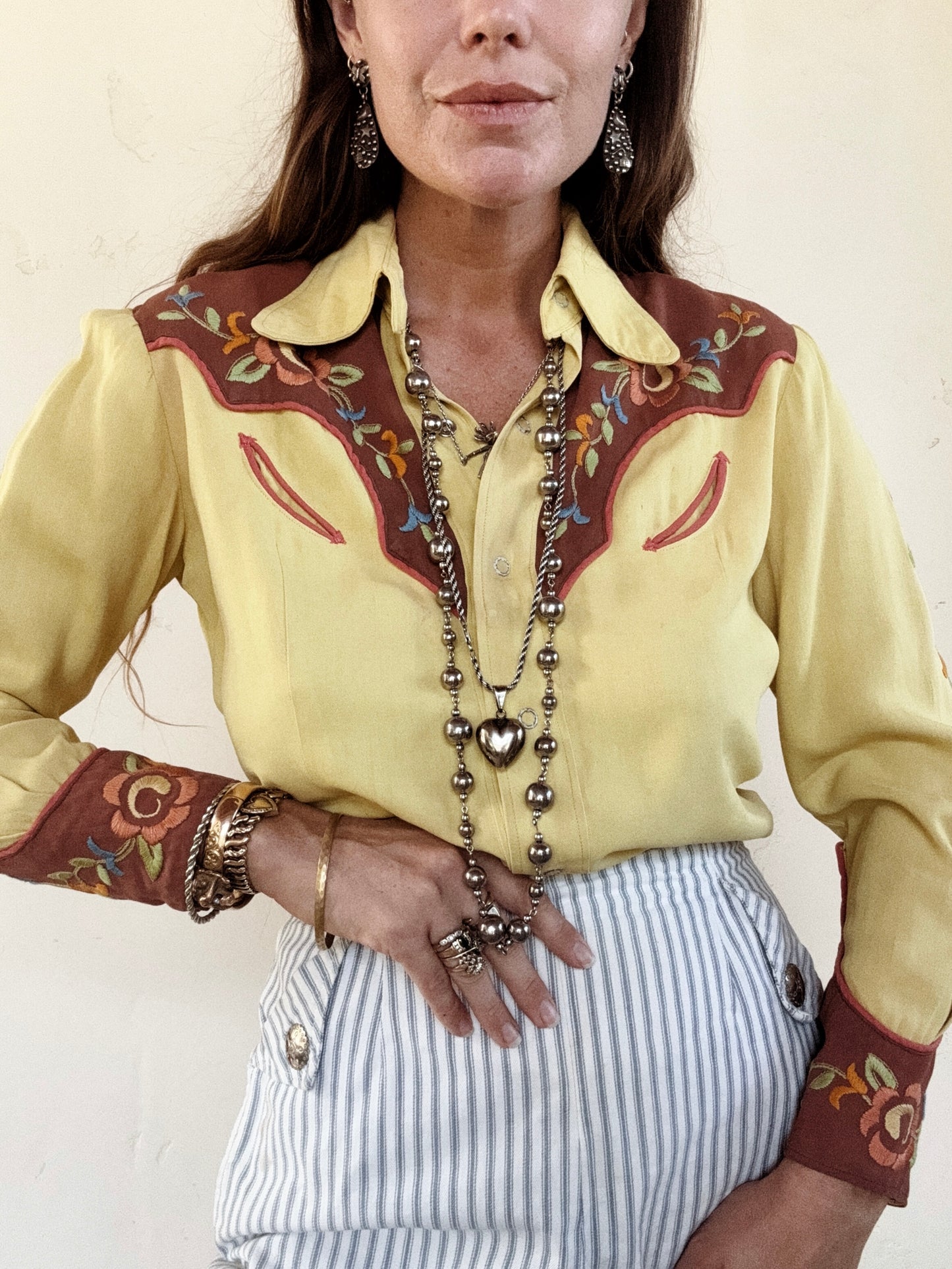 1940s Chartreuse Floral Gabardine Western Blouse- S/M