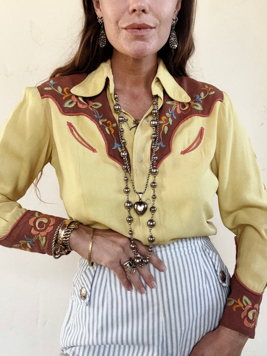 1940s Chartreuse Floral Gabardine Western Blouse- S/M