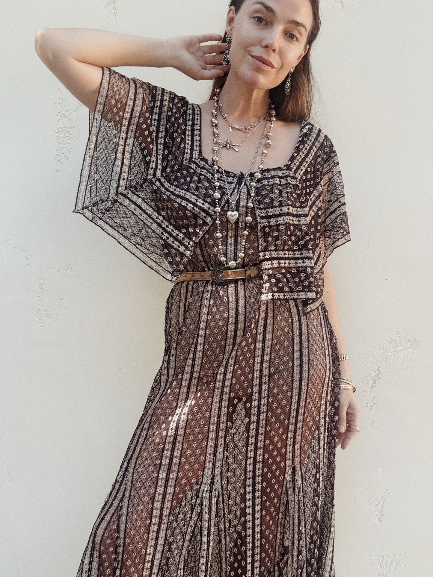 1920s/30s Purple + Cream Net Dress w/ Large Caplet Collar- M-L