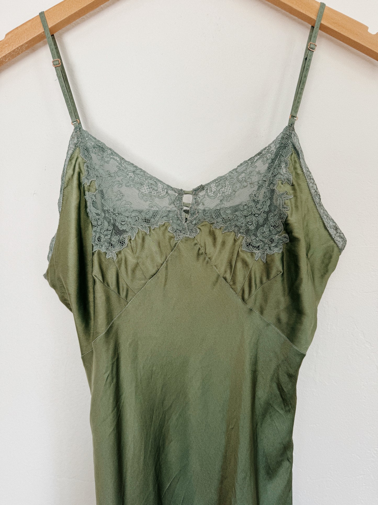 1940s Moss Green Silk Spaghetti Slip Dress w/ Lace Trim- S