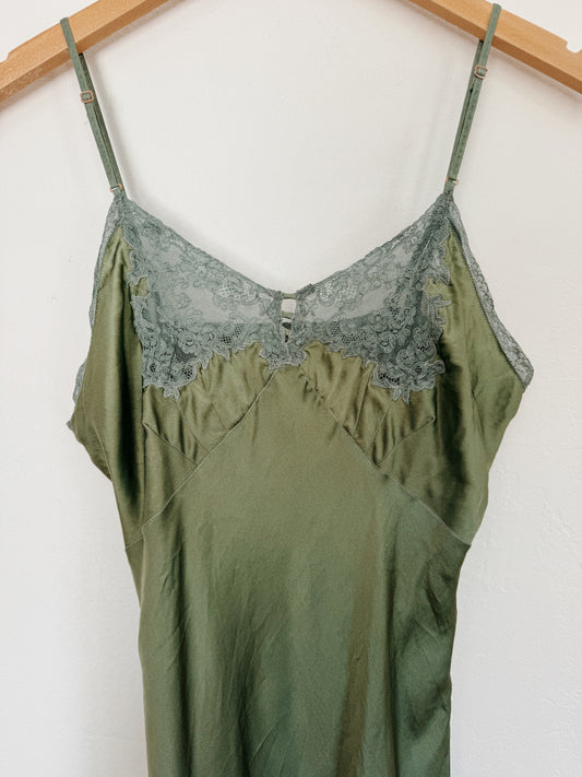 1940s Moss Green Silk Spaghetti Slip Dress w/ Lace Trim- S