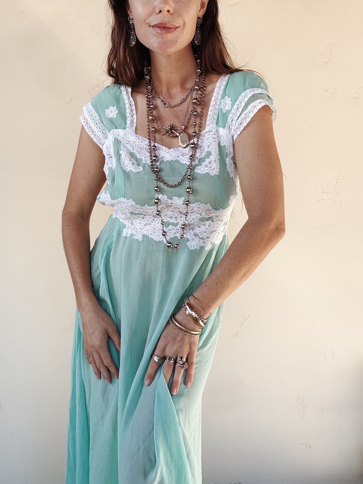 1930s Aquamarine Silk Chiffon + Lace Slip Dress- S-S/M