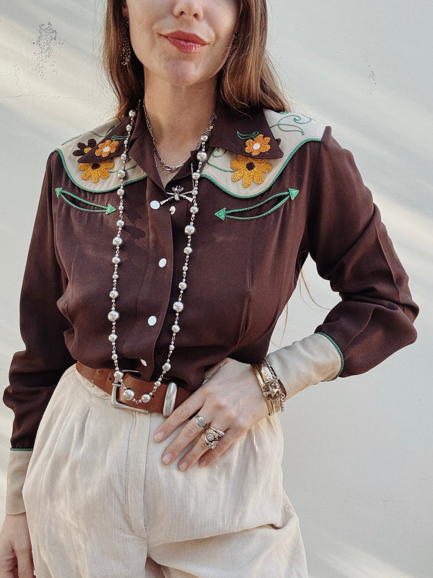 1940s Brown Daisy Gabardine Western Top- M
