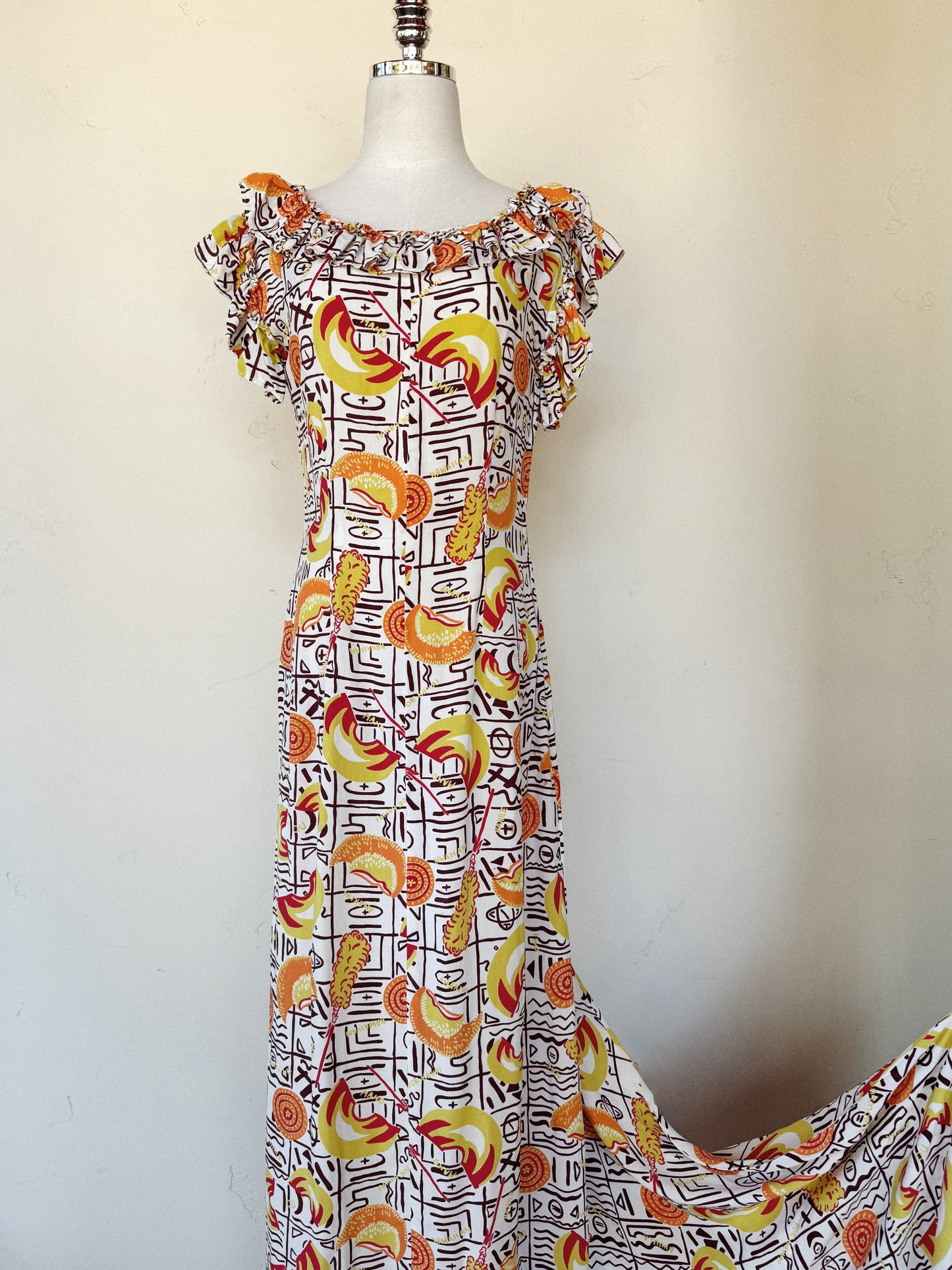 1940s Quirky Chartreuse Hawaiian Holoku Gown w/ Train- S/M