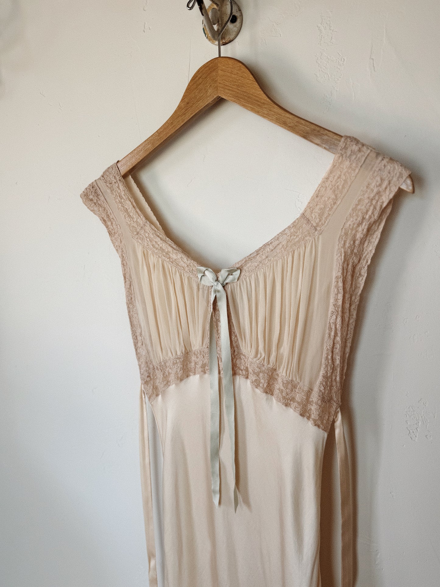 1930s Ivory Silk + Chiffon Slip Dress w/ Pale Blue Bow- XS-S