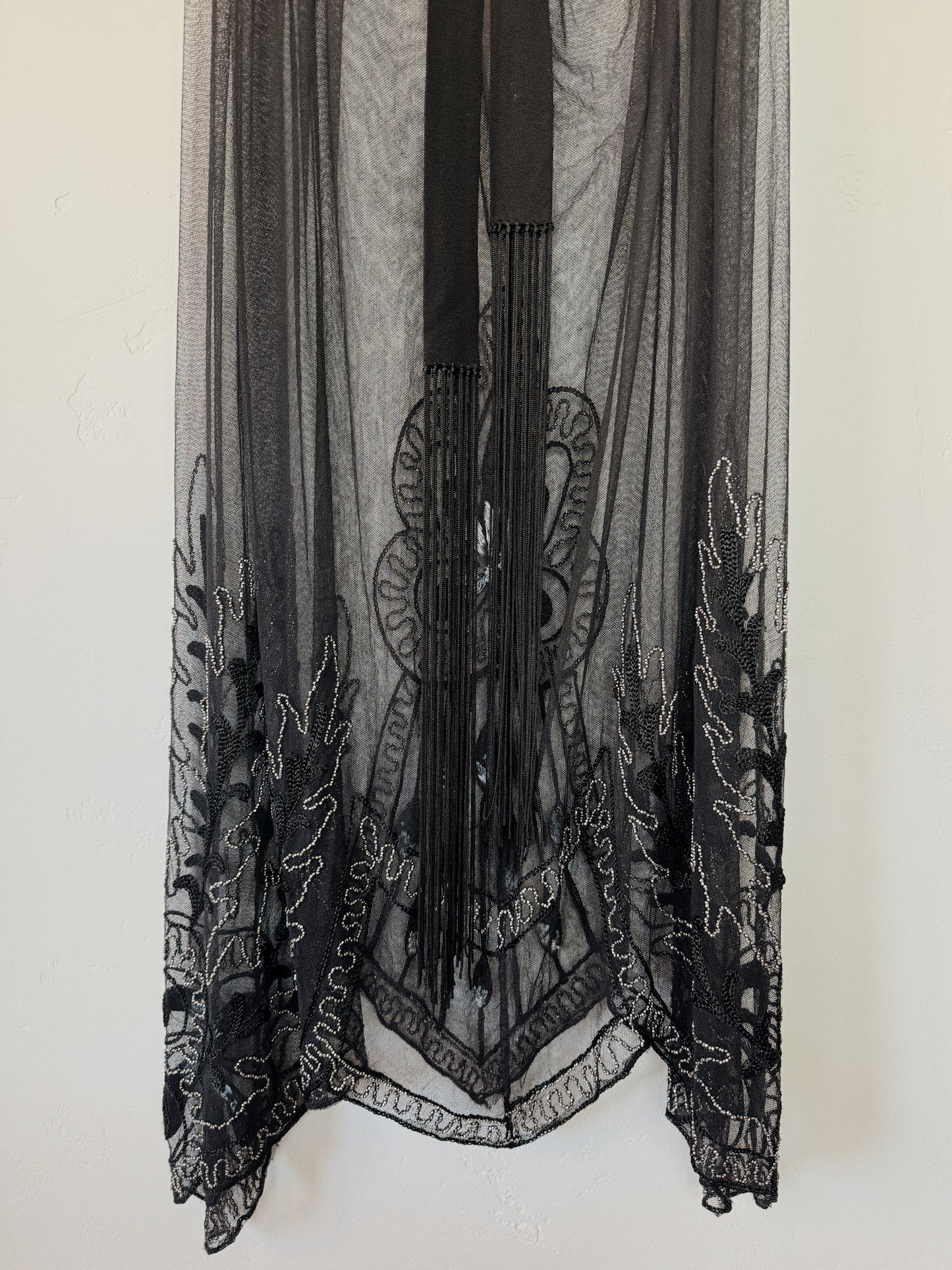 1920s Heavily Beaded Net Petal Fringe Skirt w/ Ombré Silk Embroidery- S/M