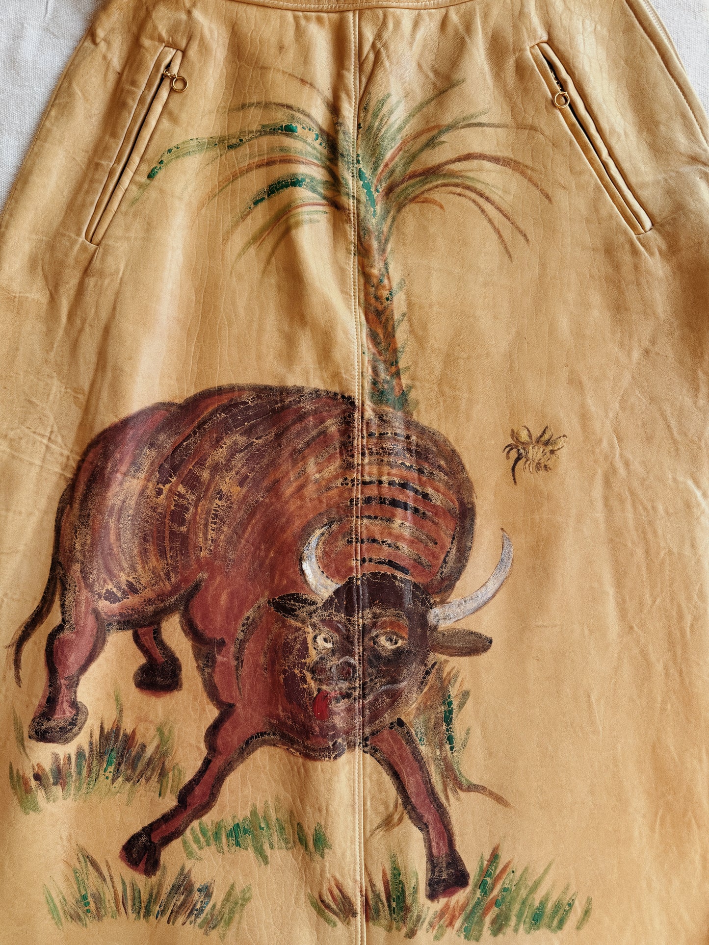 1930s/40s Hand Painted Buckskin Leather Western Skirt w/ Chain Zips + Side Cinches- M-M/L