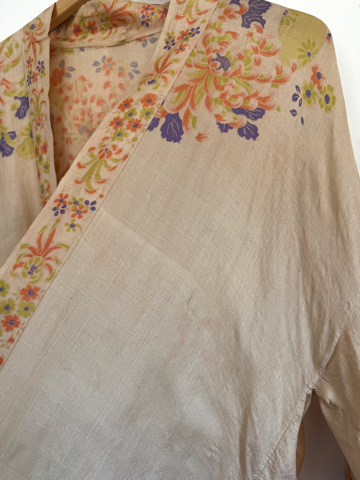 1920s Chartreuse + Periwinkle Pongee Silk Duster Robe