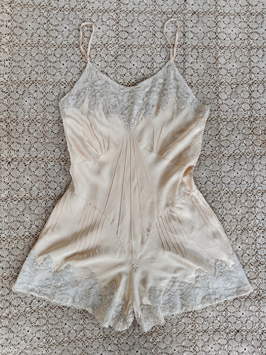 1930s Ivory Charmeuse Silk + French Lace Hand Sewn Step In- XS-S