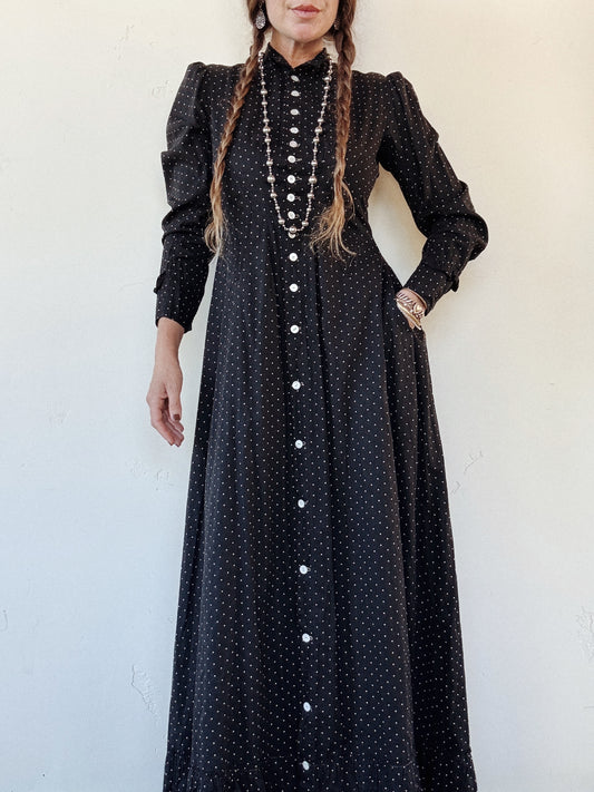 Late 1800s Black + White Polka Dot Calico Tea Gown- S-S/M
