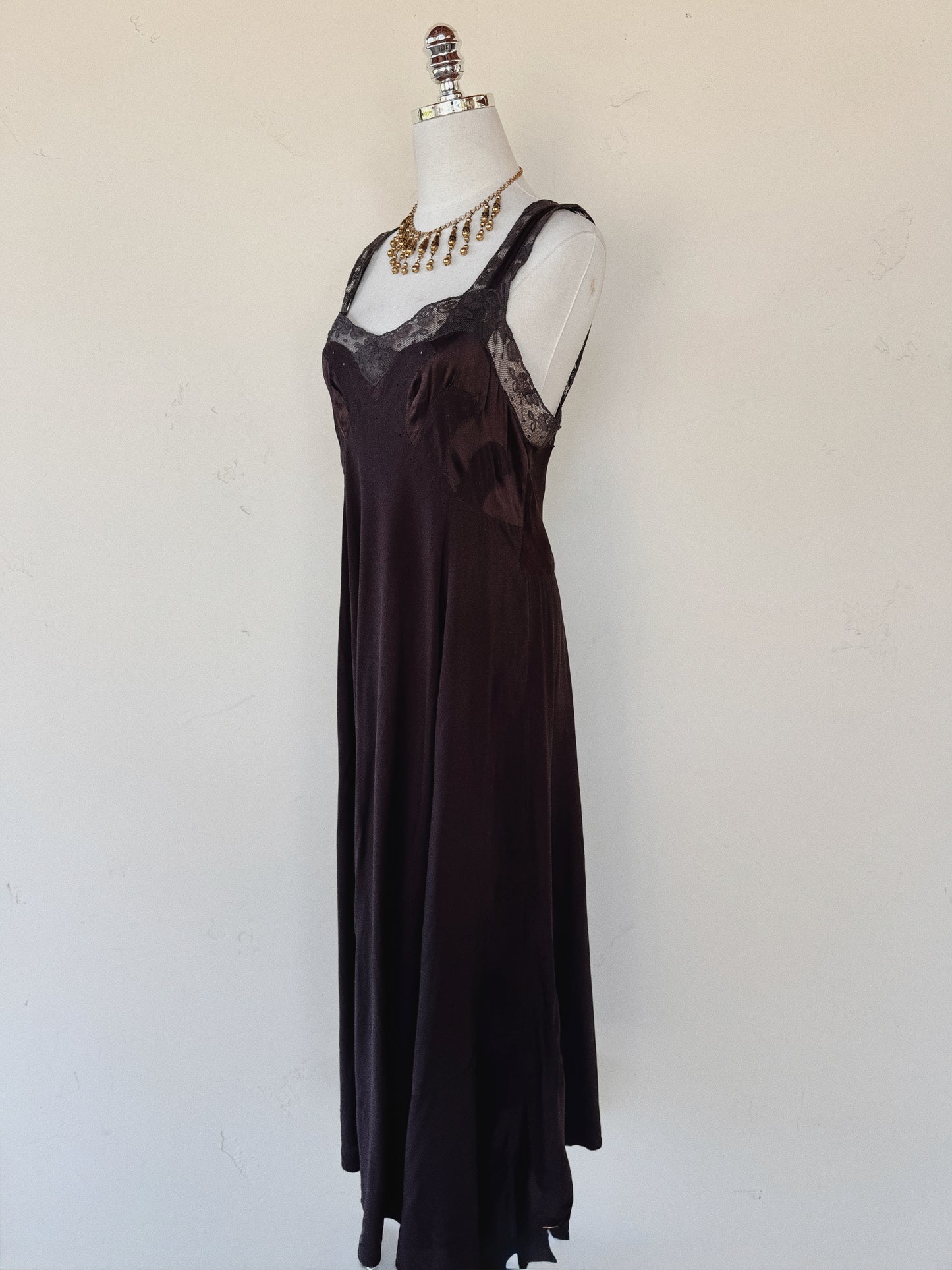 1930s Aubergine Silk Slip Dress w/ Wave Inserts + Circular Embroidery- S/M-M