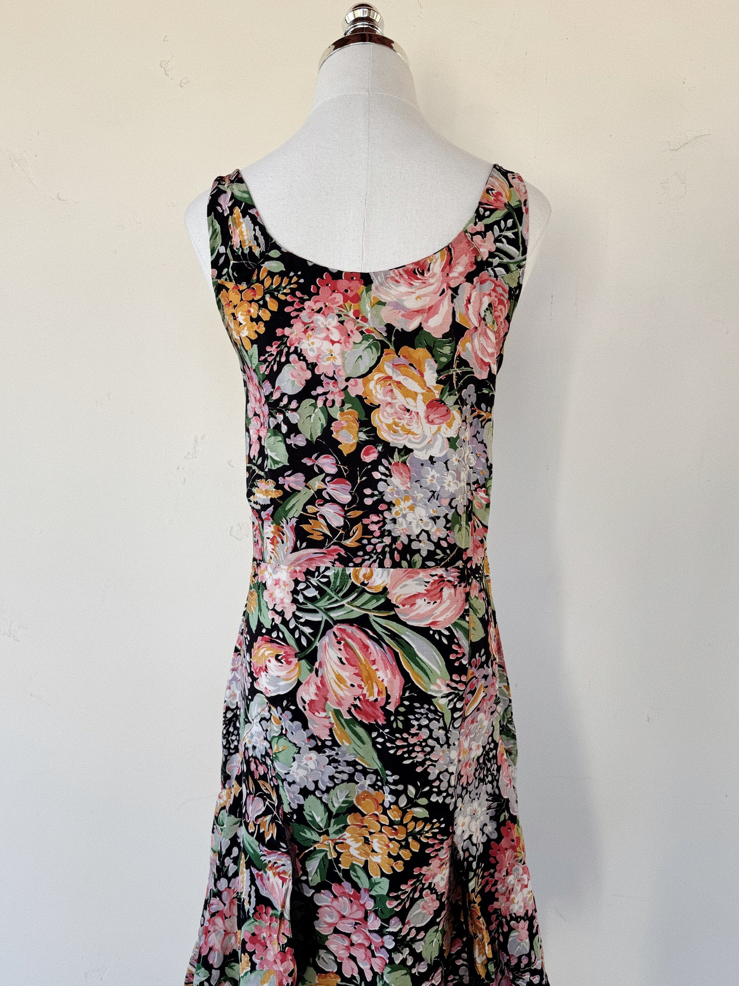 1930s Black Multicolor Floral Silk Gown w/ Mesh Trim- S/M