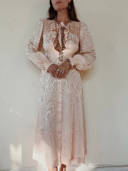 1930s Princess Pink Abstract Silk Dressing Gown- S