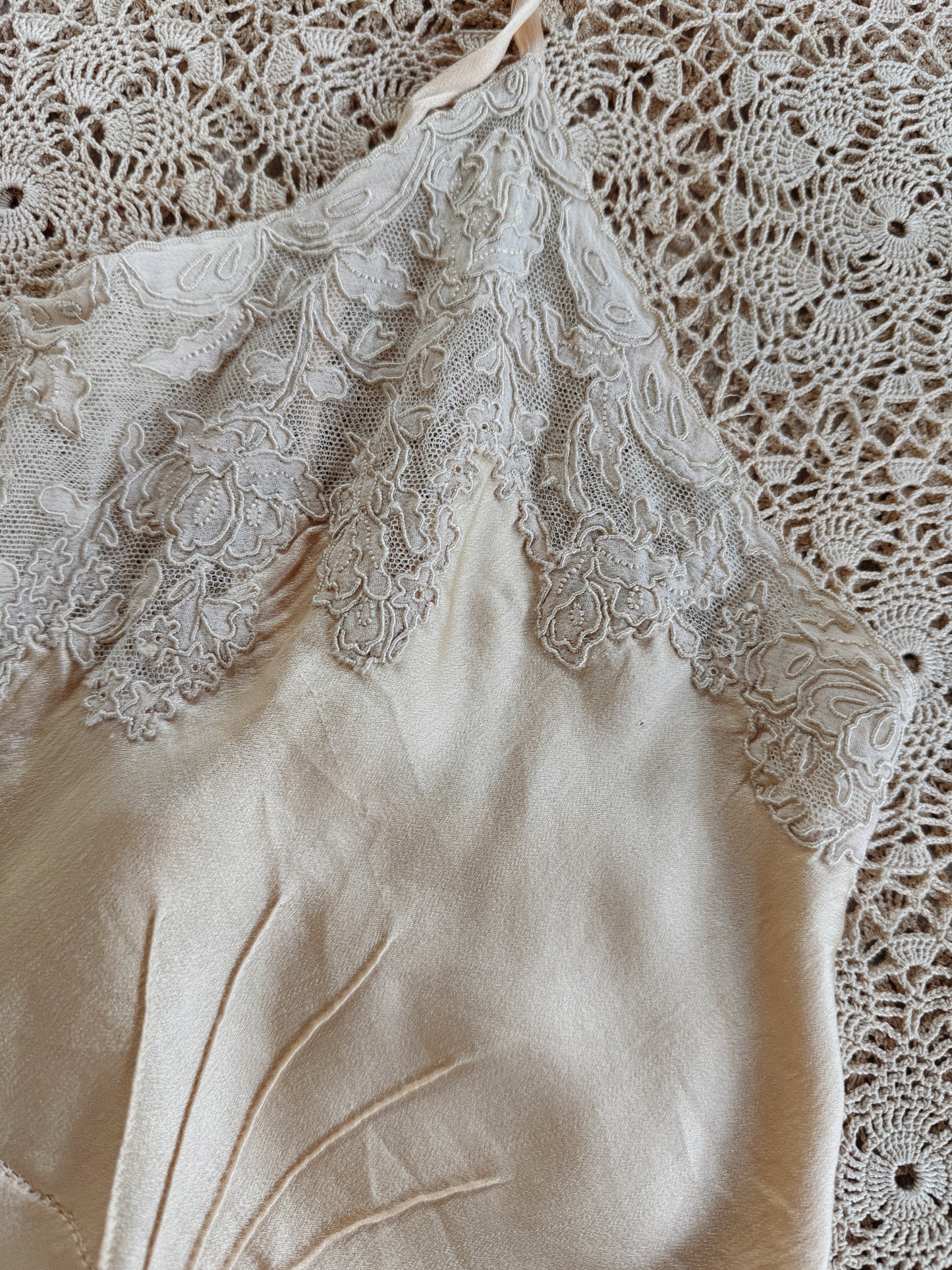 1930s Ivory Charmeuse Silk + French Lace Hand Sewn Step In- XS-S