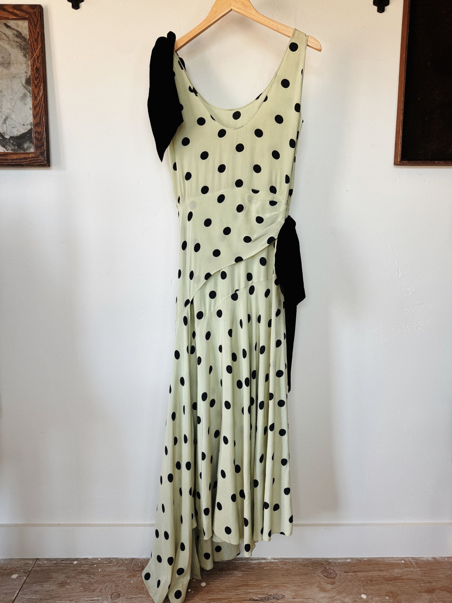 1930s Mint + Black Polka Dot Silk Draped Gown w/ Velvet Bows- S/M