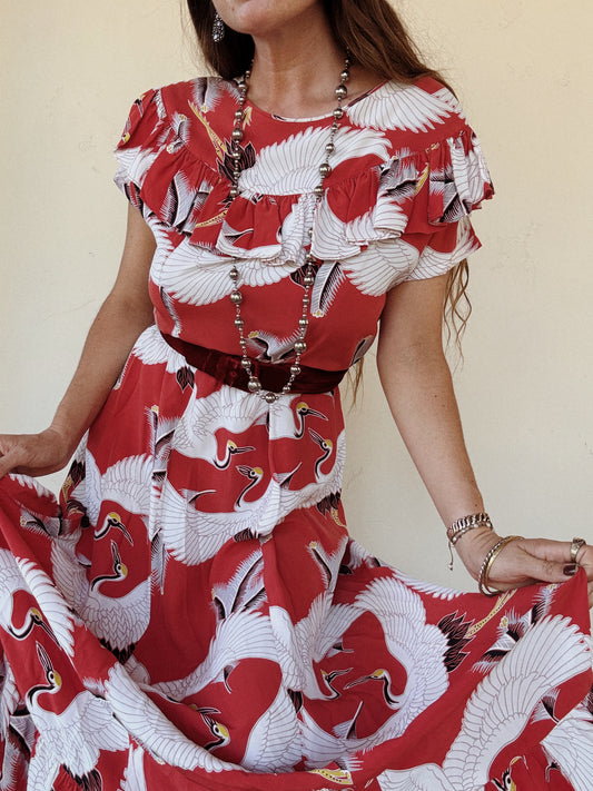 1940s Rare Red Crane Hawaiian Cold Rayon Dress- L