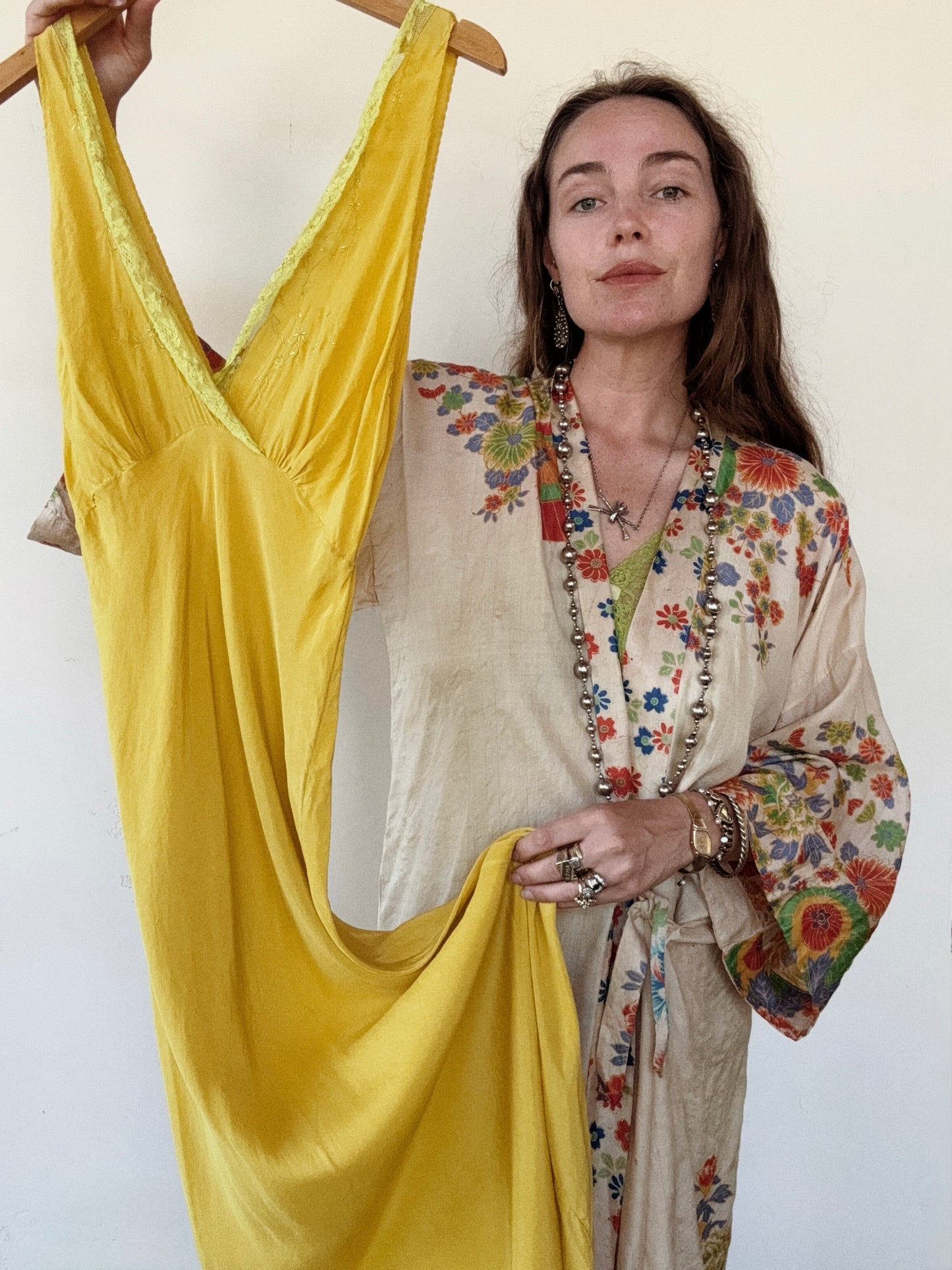 1930s/40s Marigold Silk Embroidered Slip Dress- S